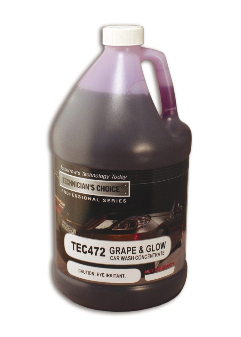 A long shot of the grape and glow car wash concentrate bottle